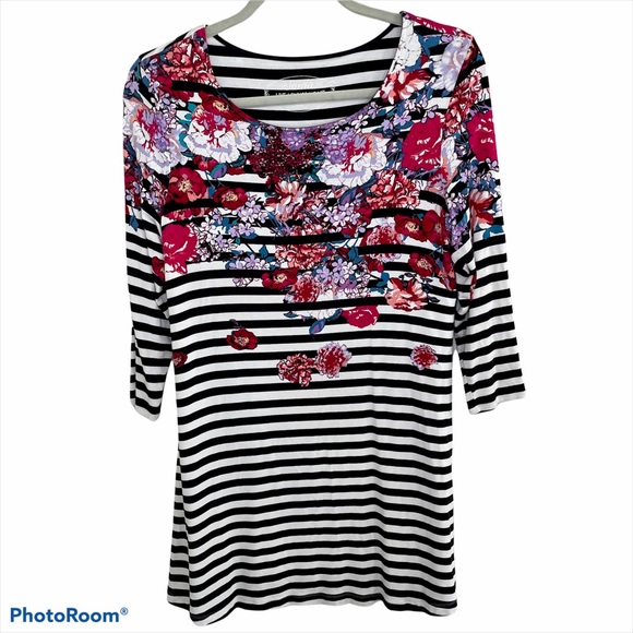 Soma Tops - Soma Black White Stripe Floral Lounge Top S